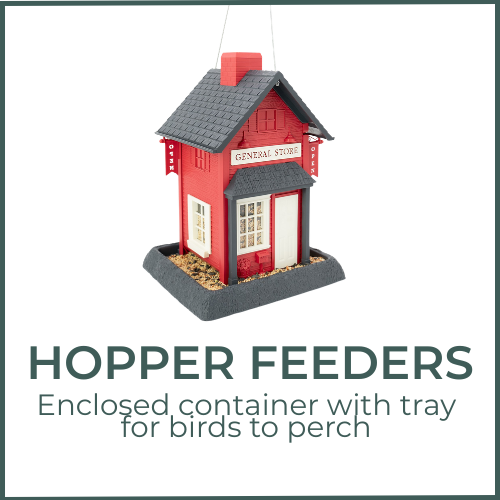 Hopper Feeders - Enclosed container with tray for birds to perch.